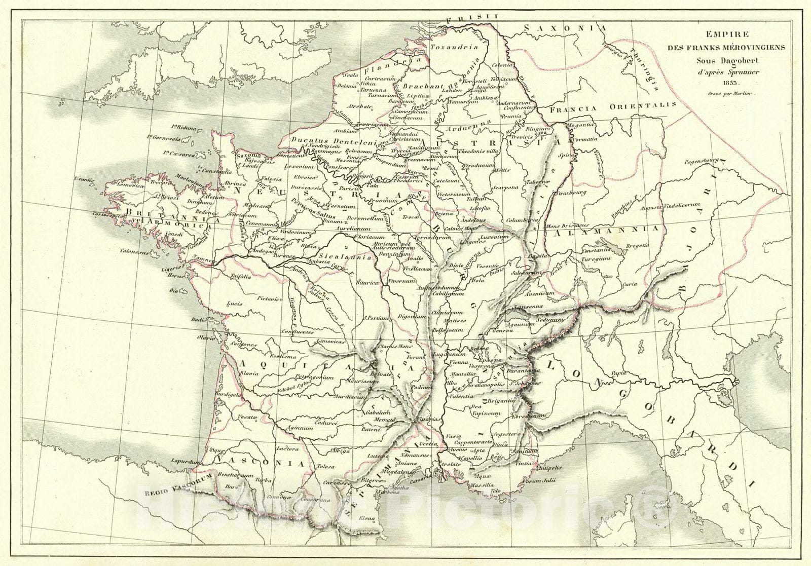 Historic Map : 1856 Empire des Franks Merouingiens Sous Dagobert : Vintage Wall Art