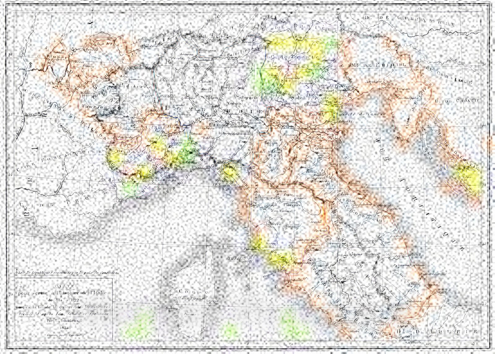 Historic Map : 1856 Carte pour servir a l'histoire de l'Italie de 814a 1122 : Vintage Wall Art