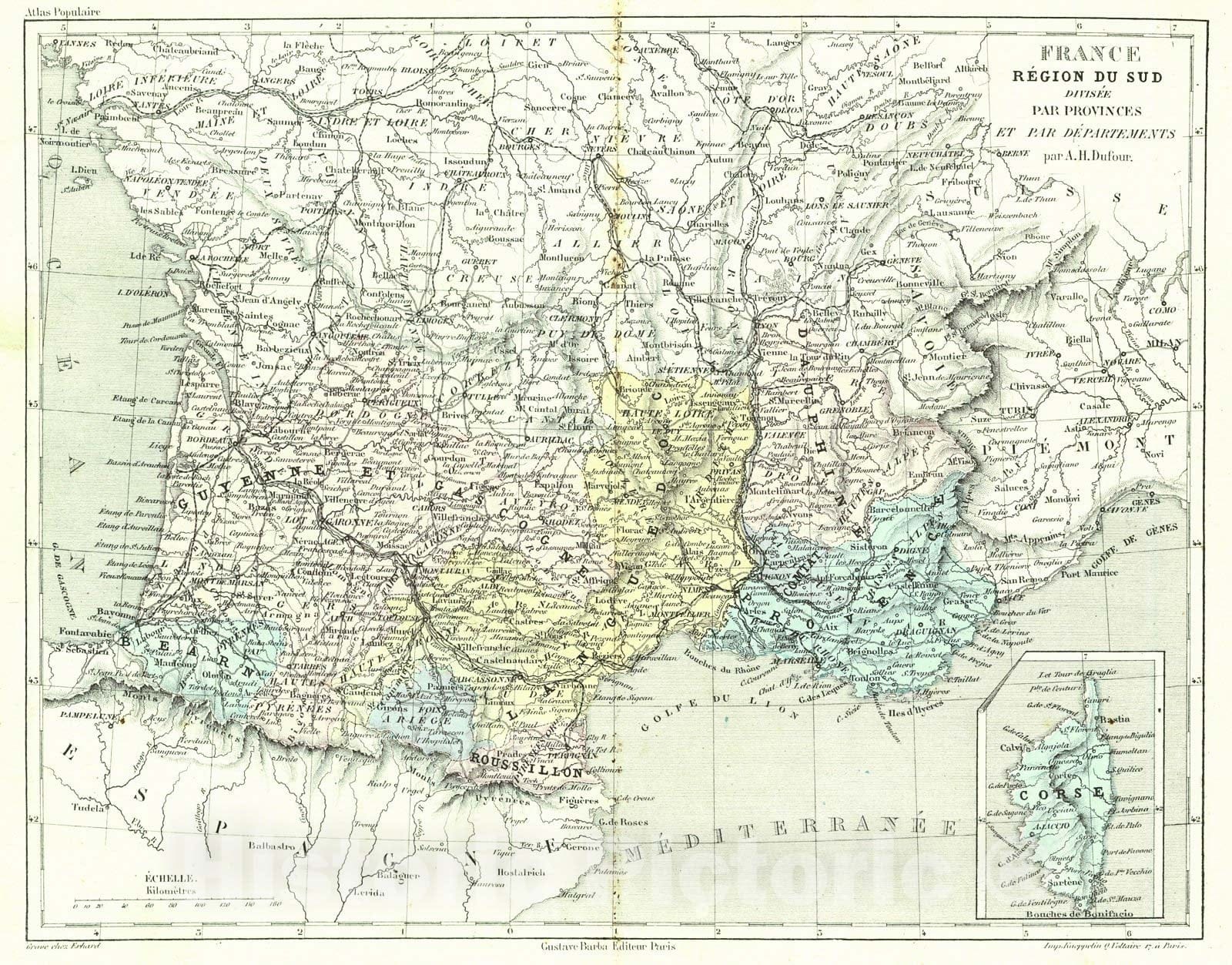 Historic Map : 1856 France Region du Sud Divisee par Provinces et par Departemens : Vintage Wall Art