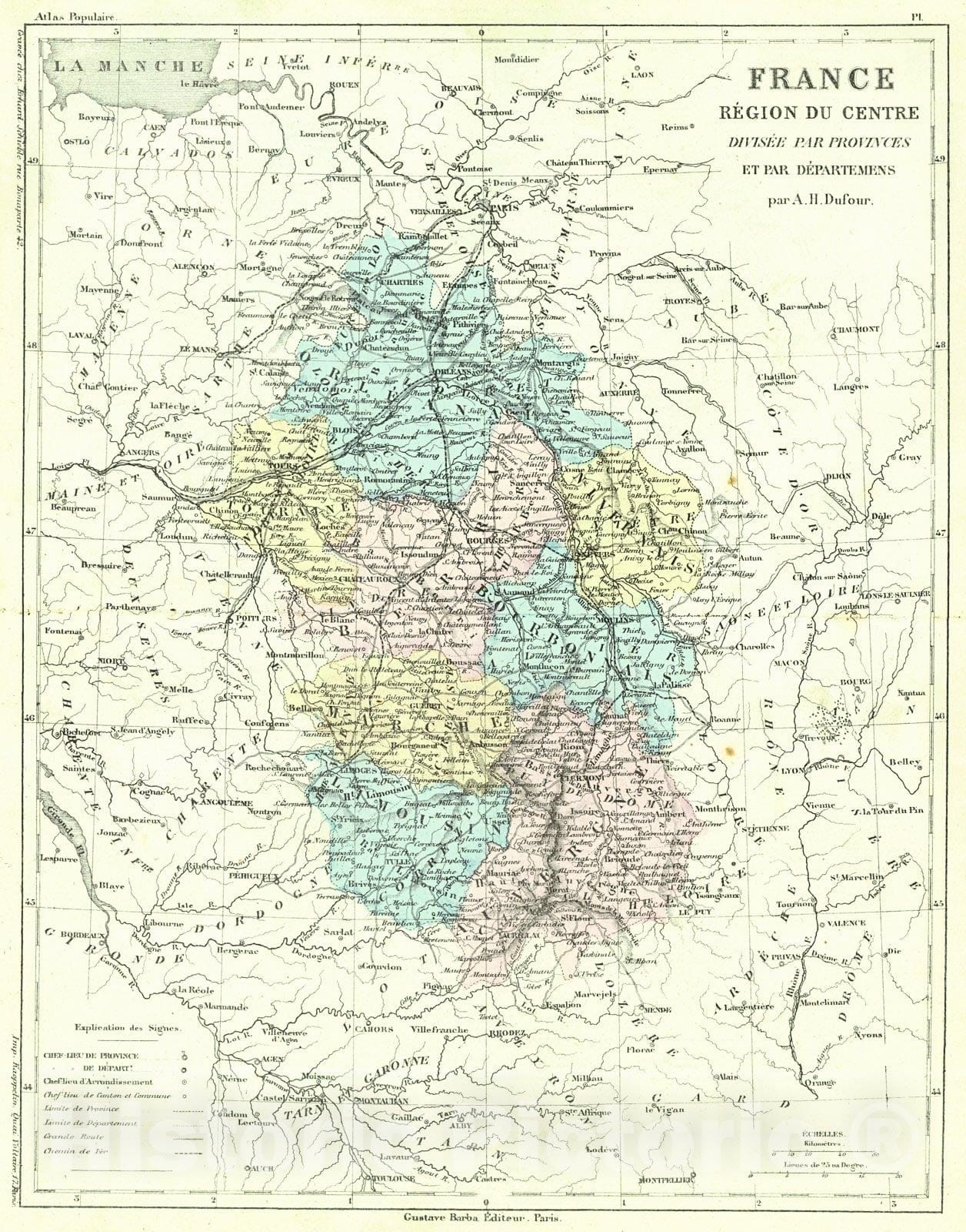Historic Map : 1856 France Region du Centre Divisee par Provinces et par Departemens : Vintage Wall Art