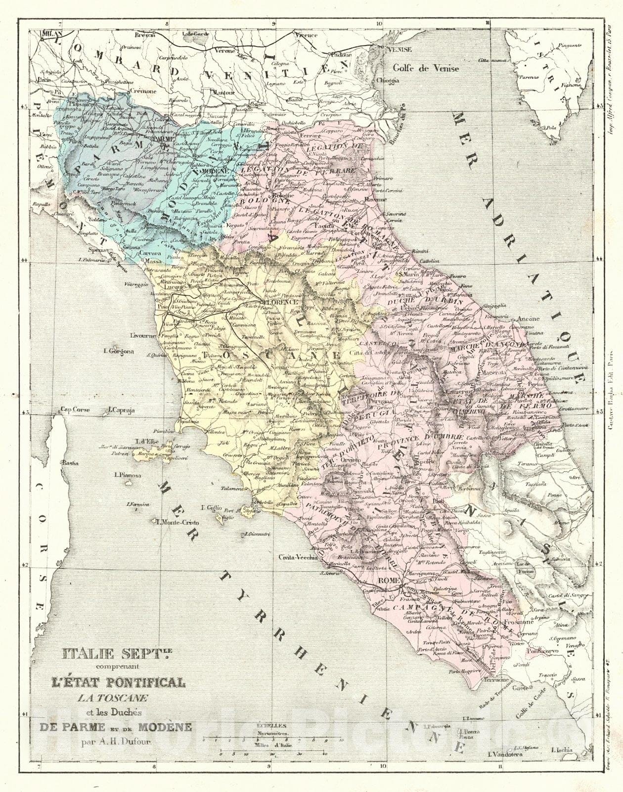 Historic Map : 1856 Italie Sept. comprenant L'Etat Pontifical La Toscane et les Duches De Parme et de Modene : Vintage Wall Art