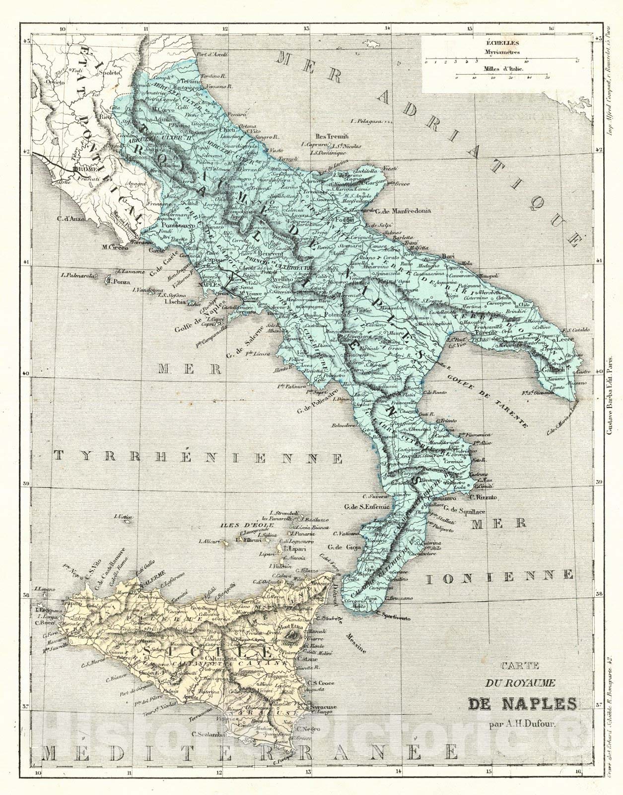 Historic Map : 1856 Carte du Royaume de Naples : Vintage Wall Art