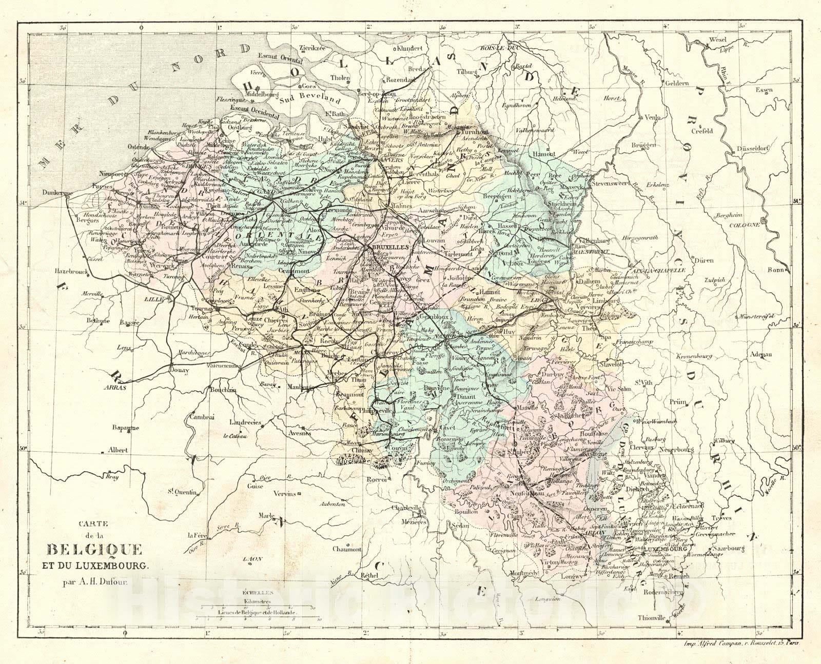 Historic Map : 1856 Carte de la Belgique et du Luxembourg : Vintage Wall Art