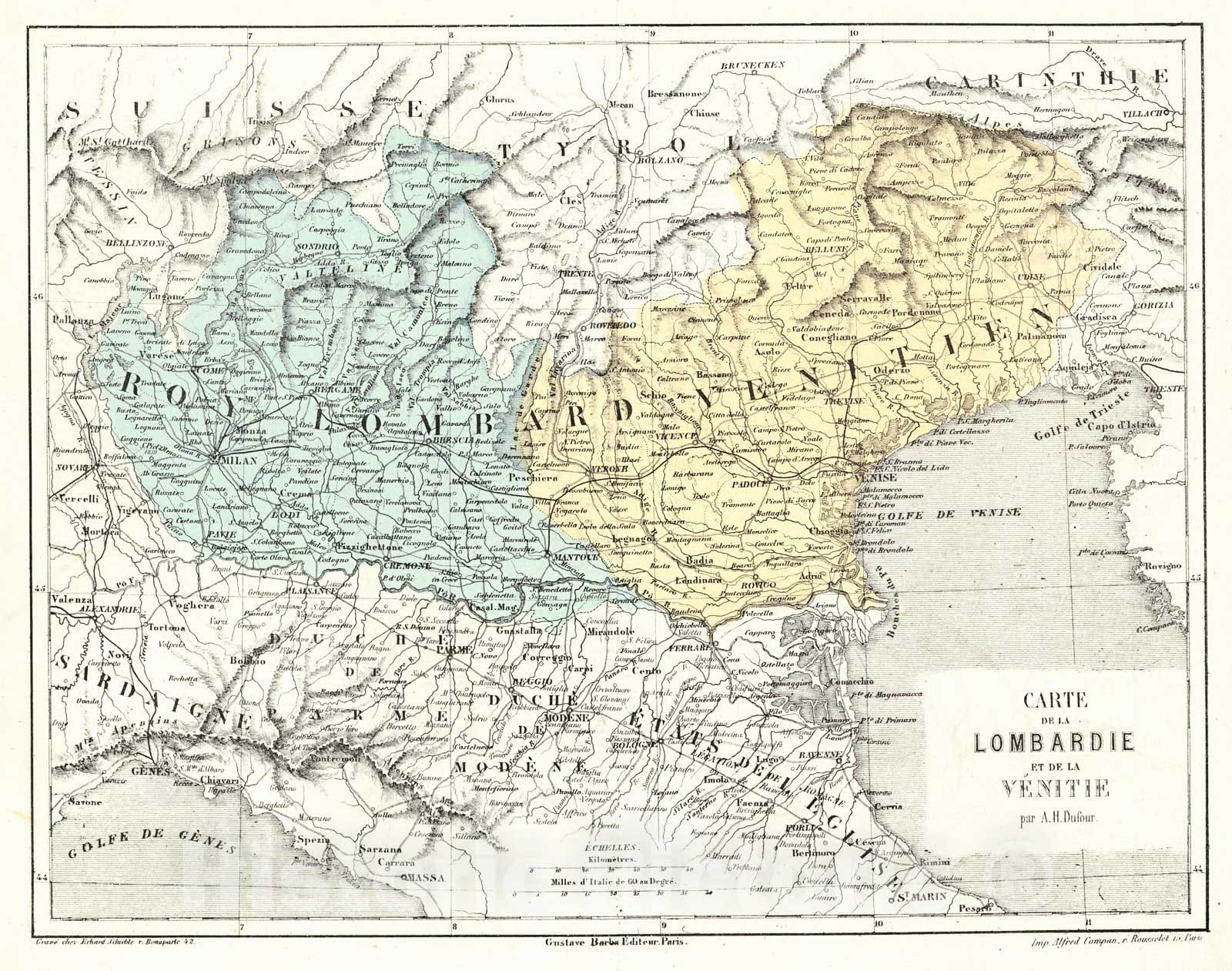 Historic Map : 1856 Carte de la Lombardie et de la Venitie  : Vintage Wall Art