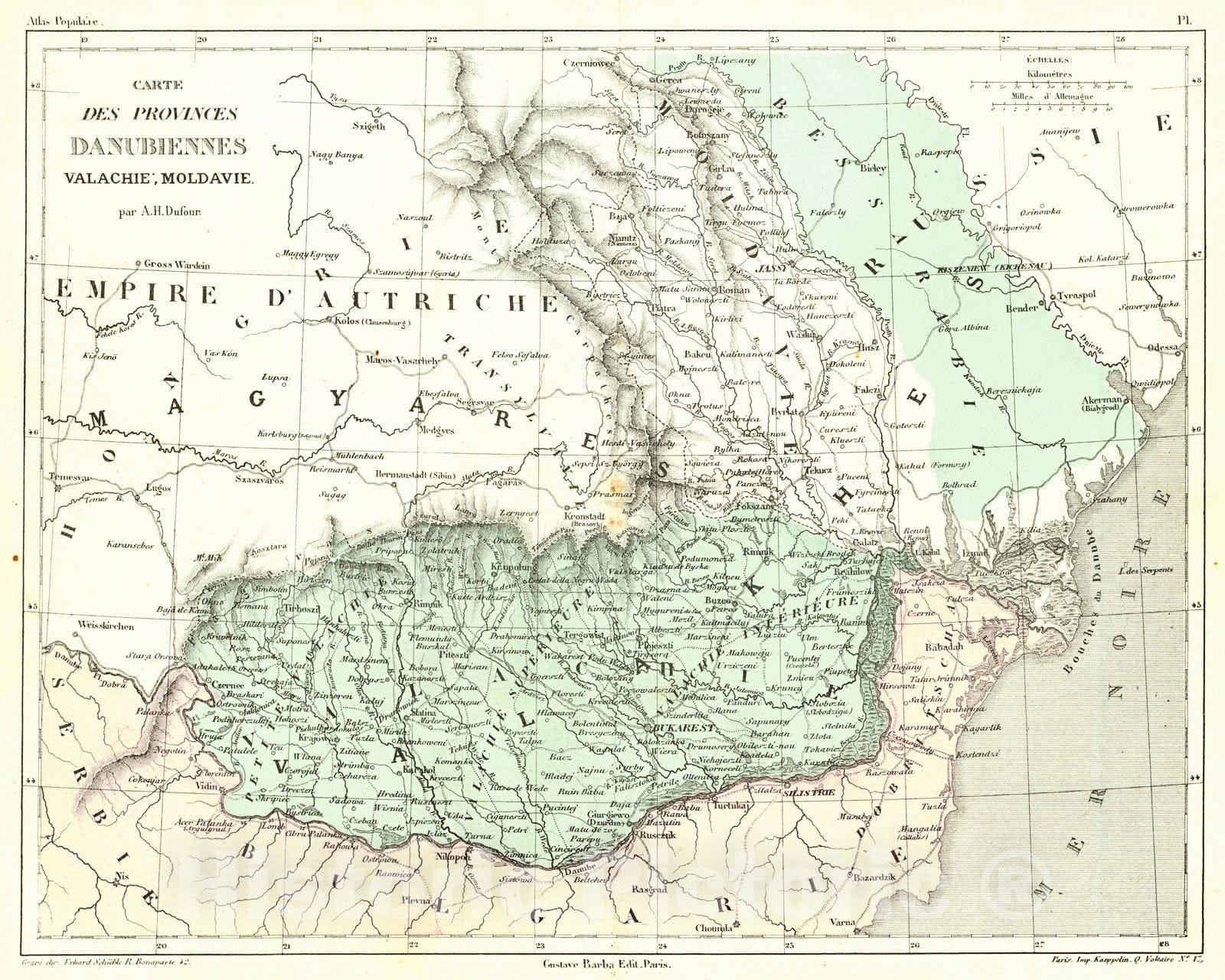 Historic Map : 1856 Carte des Provinces Danubiennes Valachie, Moldquie : Vintage Wall Art