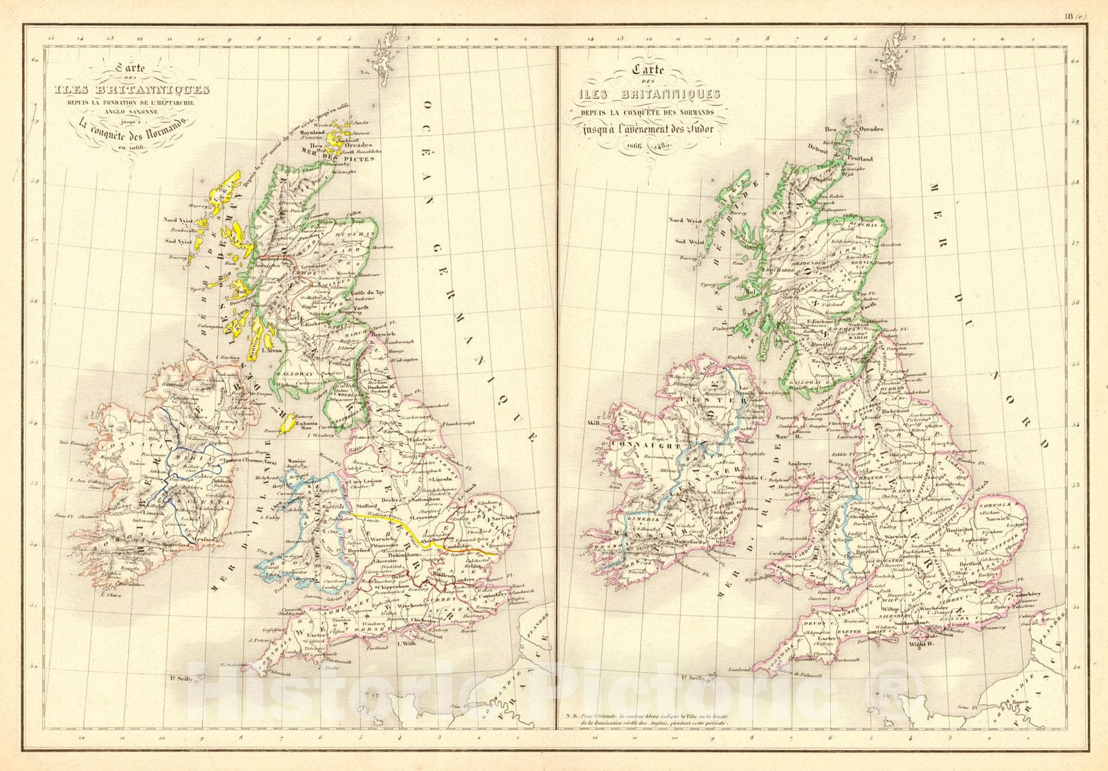 Historic Map : 1856 Carte des Iles Britanniques depuis la foundation de L'Heptarchie Anglo Saxon - Carte des Iles Britanniques depuis la Conquete des Normands : Vintage Wall Art
