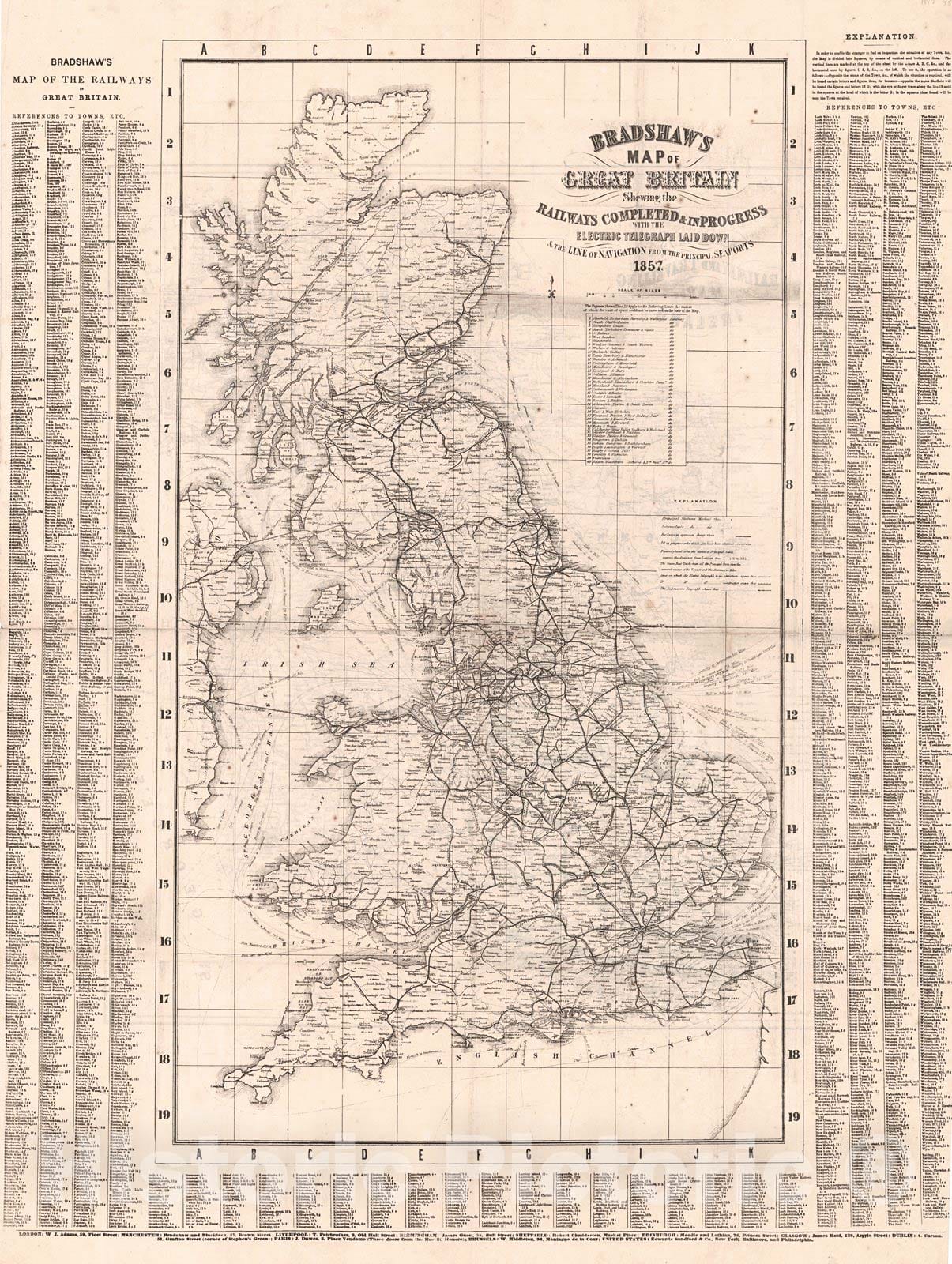 Historic Map : 1857 Bradshaw's Map of Great Britain Showing the Railways Progress wih the Electric Telegraph & the Line of Navigation from the Principal Sea Ports : Vintage Wall Art
