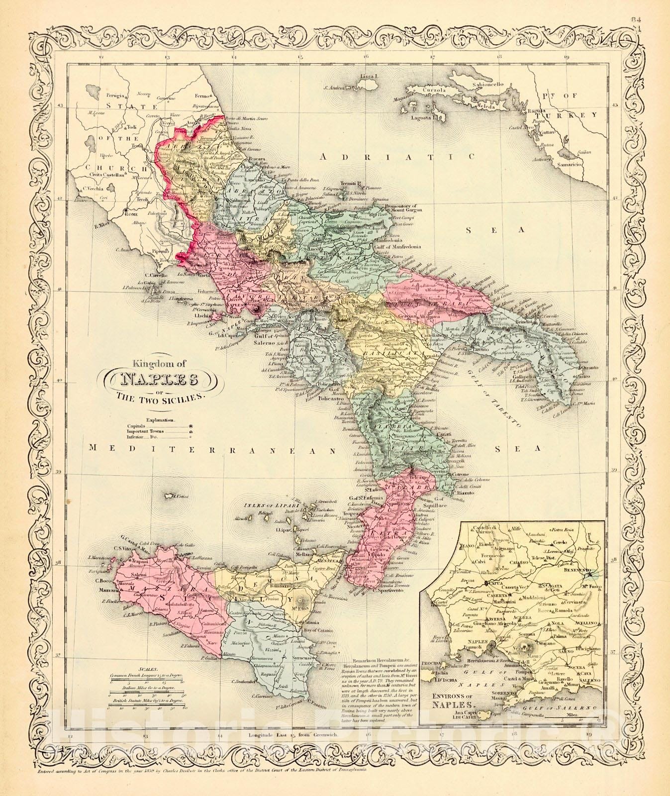 Historic Map : 1859 Kingdom of Naples or the Two Sicilies : Vintage Wall Art