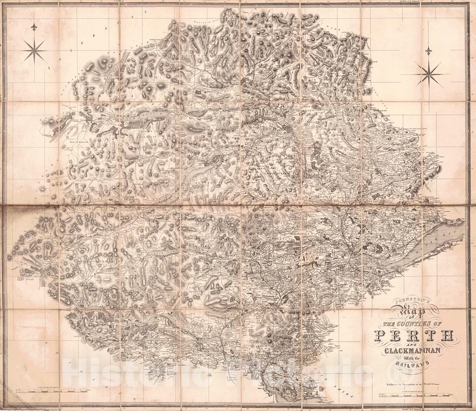 Historic Map : 1860 Map of the Counties of Perth, and Clackmannan with Railways : Vintage Wall Art