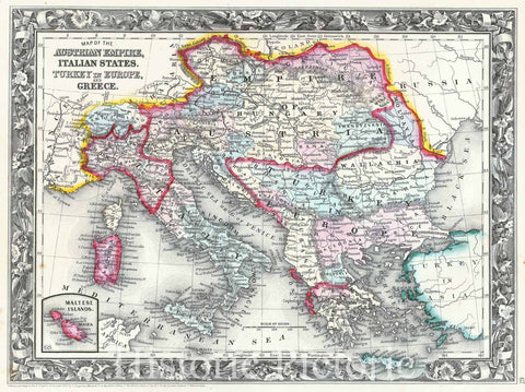 Historic Map : 1861 Map of Austrian Empire, Italian States, Turkey in Europe and Greece : Vintage Wall Art