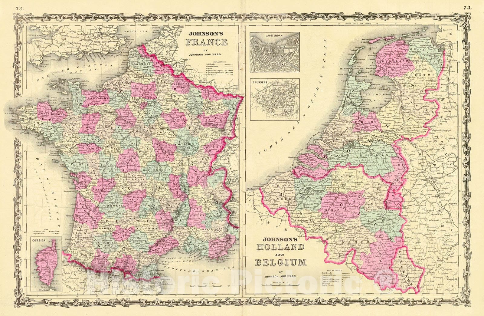 Historic Map : 1862 Johnson's France/ Johnson's Holland and Belgium : Vintage Wall Art