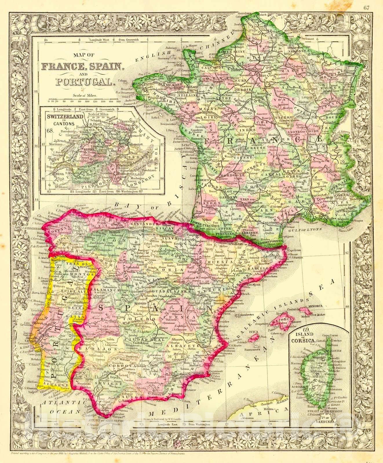 Historic Map : 1862 Map of France, Spain, and Portugal : Vintage Wall Art