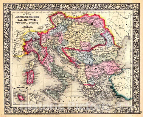 Historic Map : 1864 Map of the Austrian Empire, Italian States, Turkey in Europe and Greece : Vintage Wall Art