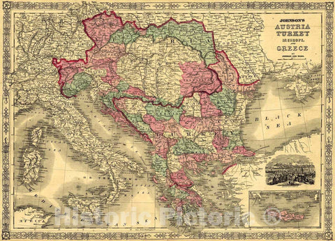 Historic Map : 1864 Johnson's Austria, Turkey in Europe and Greece : Vintage Wall Art