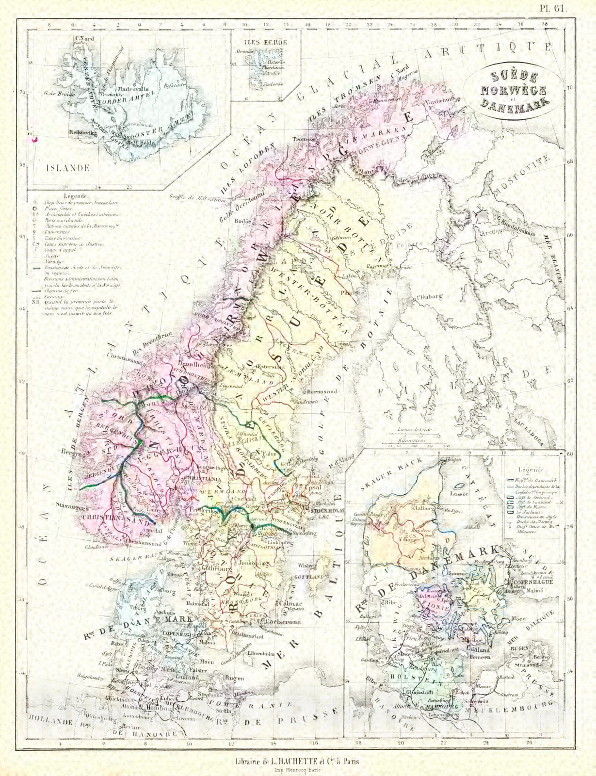 Historic Map : 1865 Suede Norwege et Danemark : Vintage Wall Art