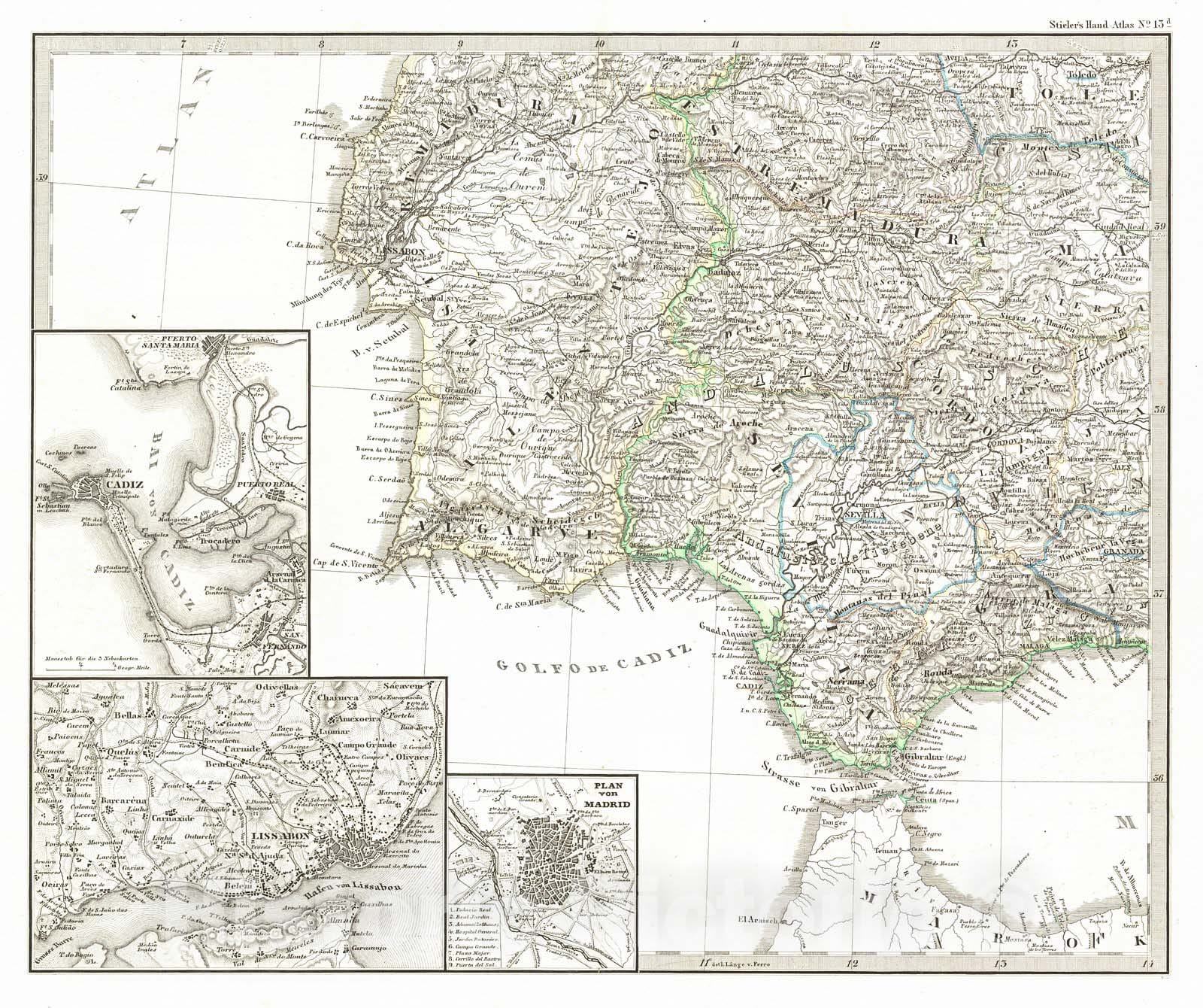 Historic Map : 1872 Carte Physique et Politique de L'Espagne et du Portugal : Vintage Wall Art