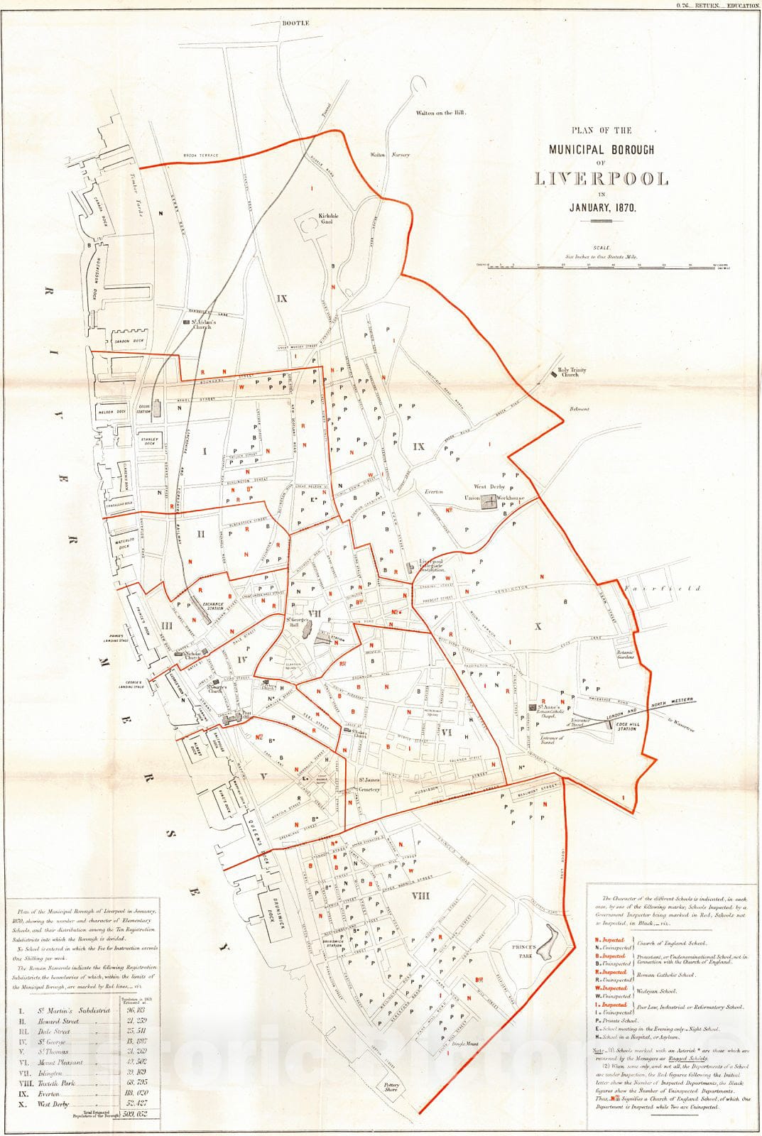 Historic Map : 1870 Plan of the Municipal Borough of Liverpool in January, 1870 : Vintage Wall Art