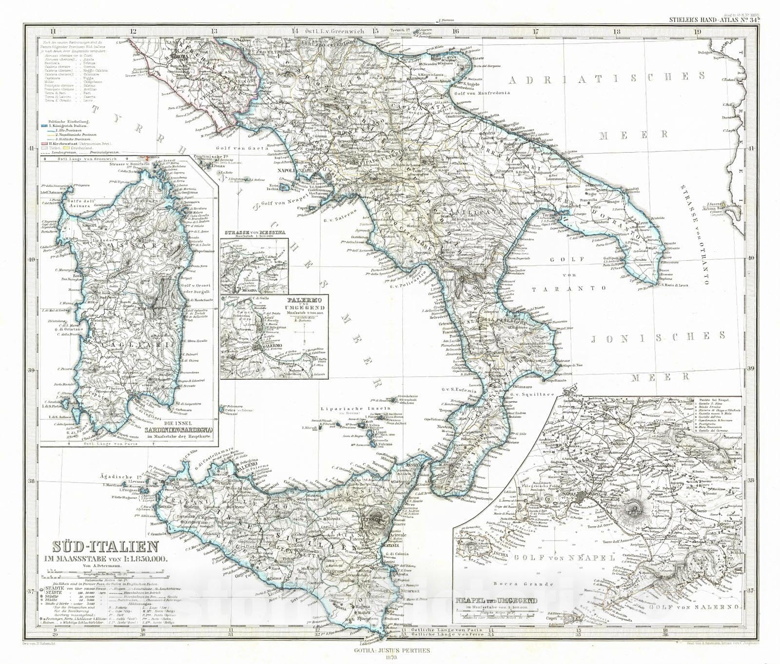 Historic Map : 1870 Sud Italien : Vintage Wall Art