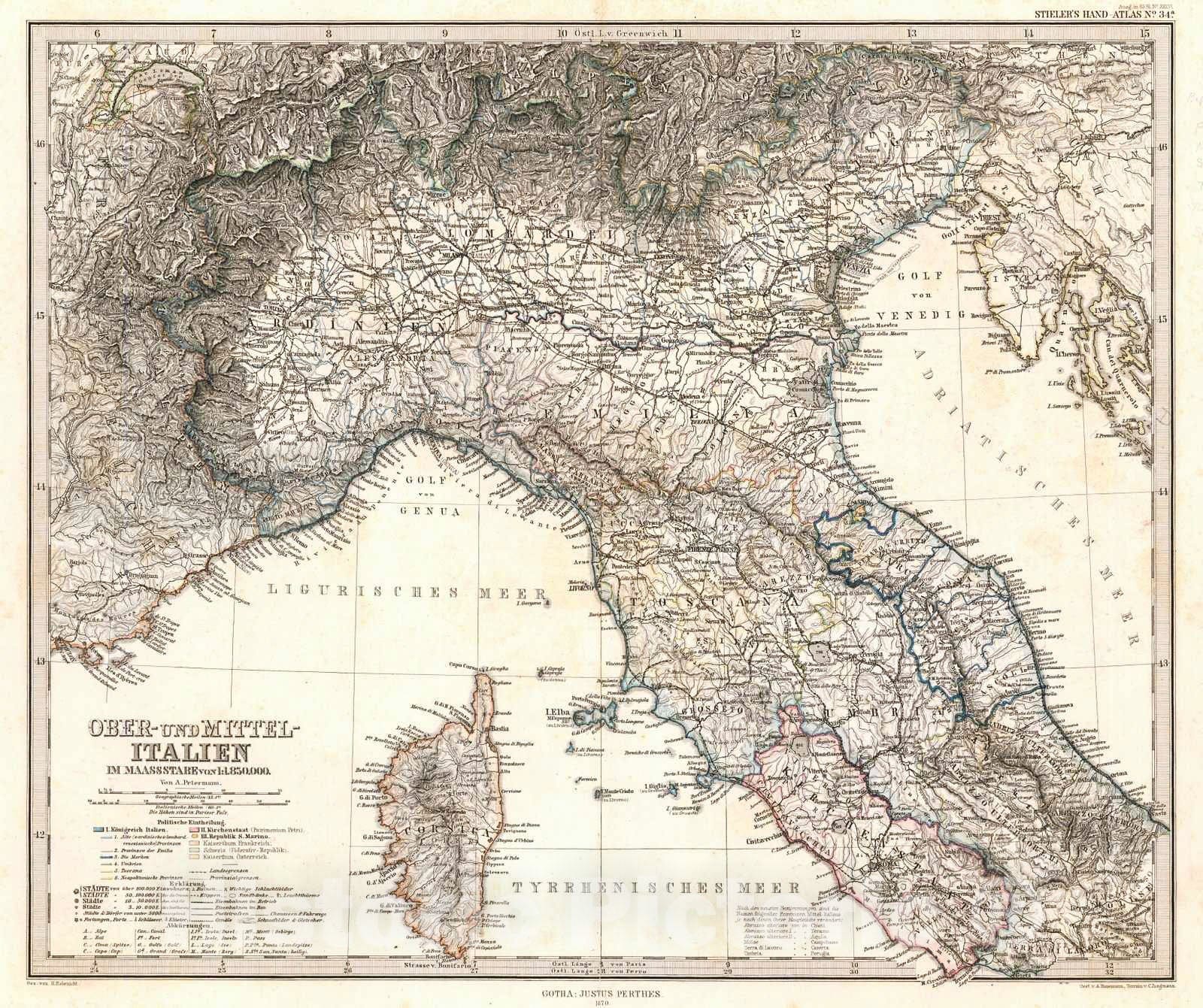 Historic Map : 1870 Ober - und Mittle - Italien : Vintage Wall Art