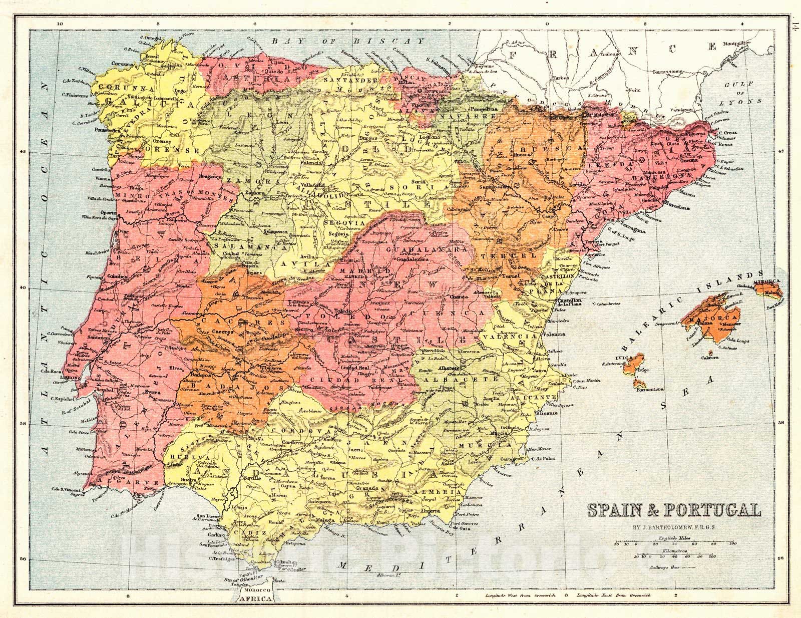 Historic Map : 1870 Spain and Portugal : Vintage Wall Art