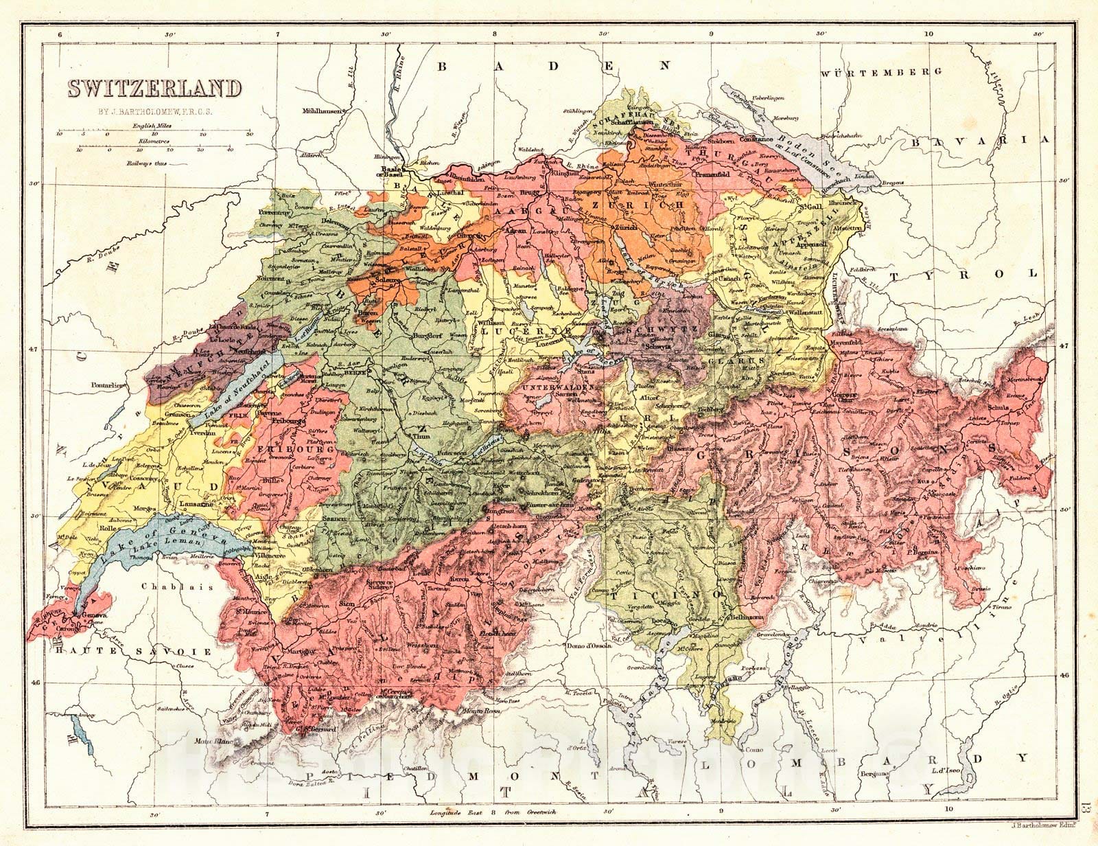Historic Map : 1870 Switzerland : Vintage Wall Art