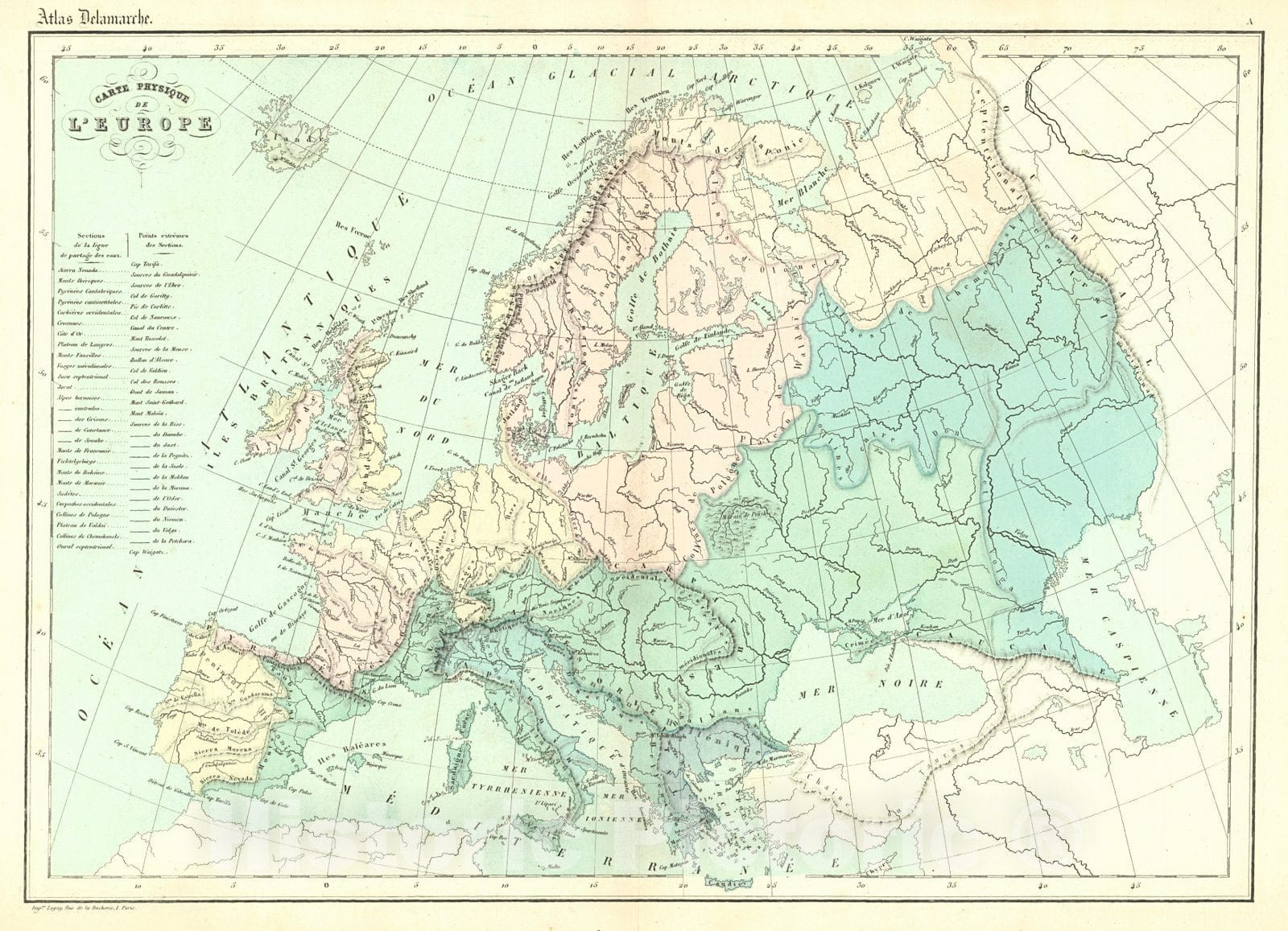 Historic Map : 1872 Carte Physique de L'Europe : Vintage Wall Art