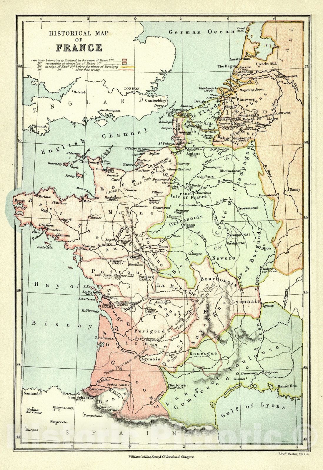 Historic Map : 1872 Historical Map of France : Vintage Wall Art