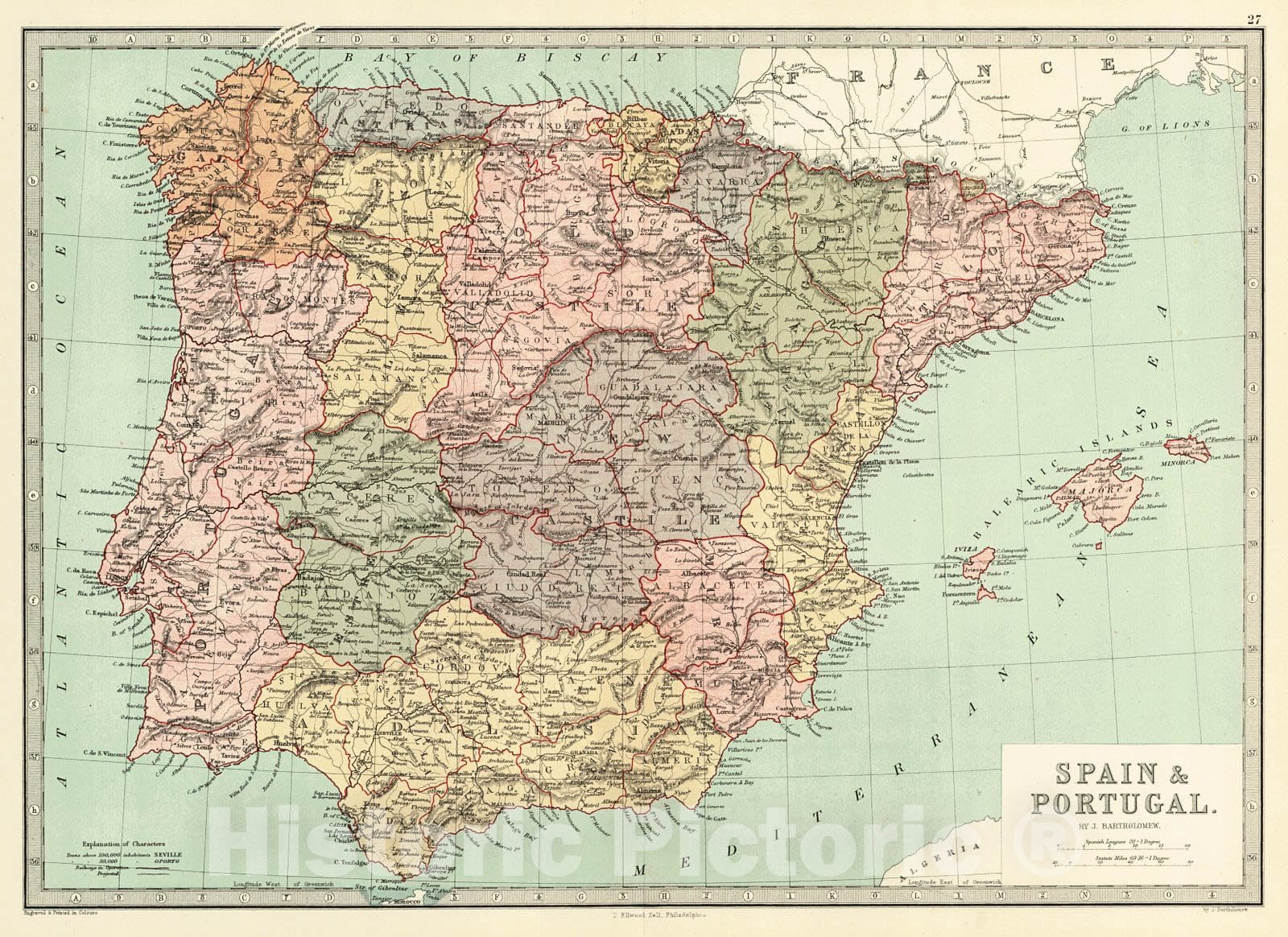 Historic Map : 1873 Spain and Portugal : Vintage Wall Art