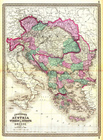 Historic Map : 1873 Johnson's Austria, Turkey in Europe and Greece : Vintage Wall Art