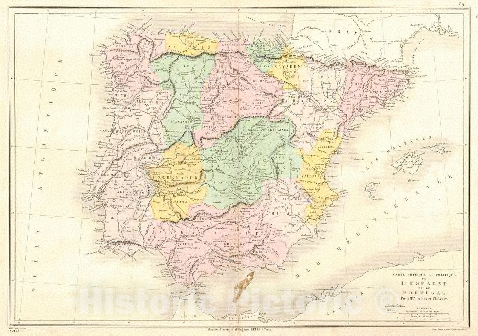 Historic Map : 1873 Carte Physique et Politique de L'Espagne et du Portugal : Vintage Wall Art