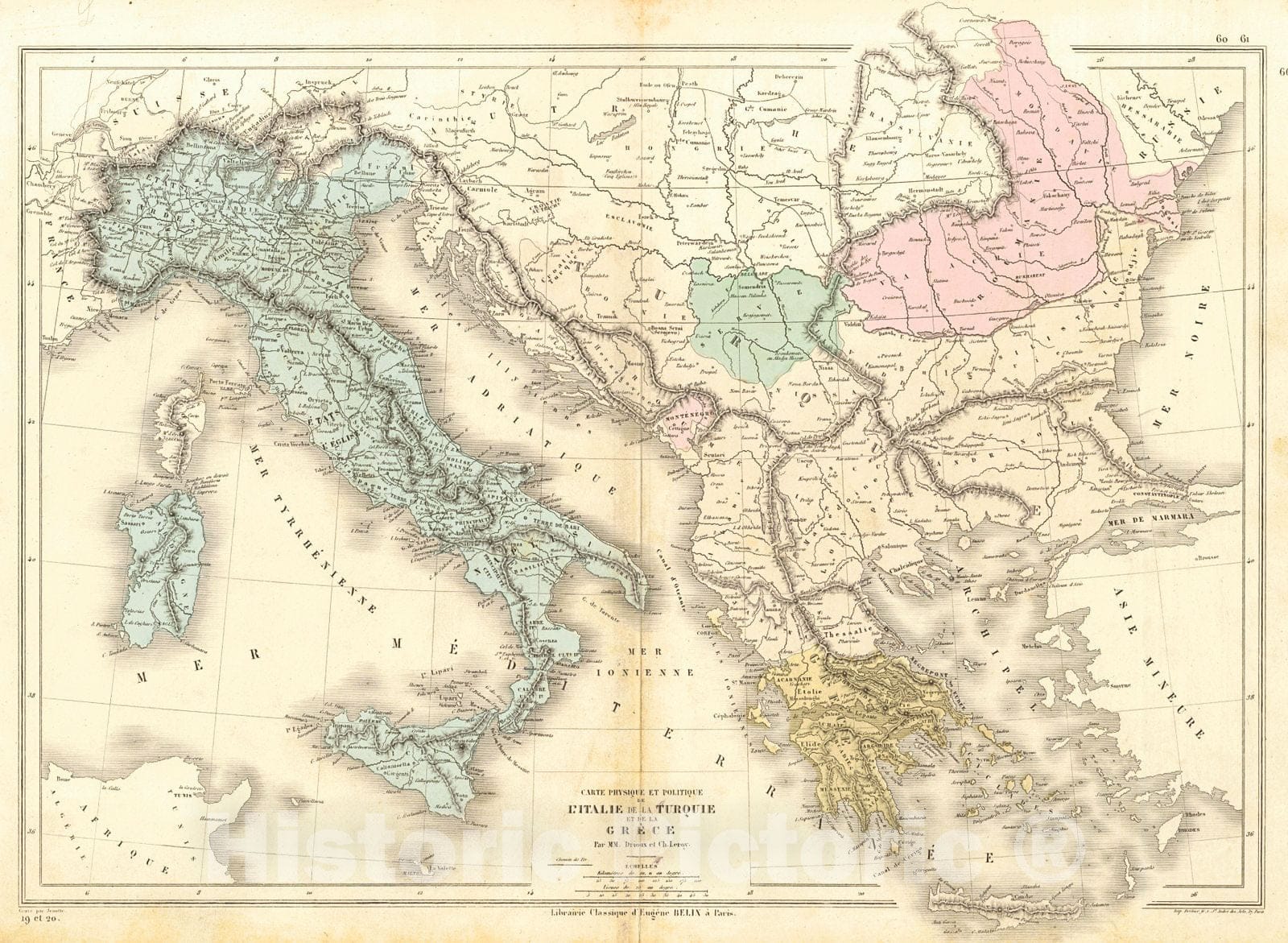 Historic Map : 1873 Carte Physique et Politique de L'Italie, de La Turquie et de La Grece : Vintage Wall Art