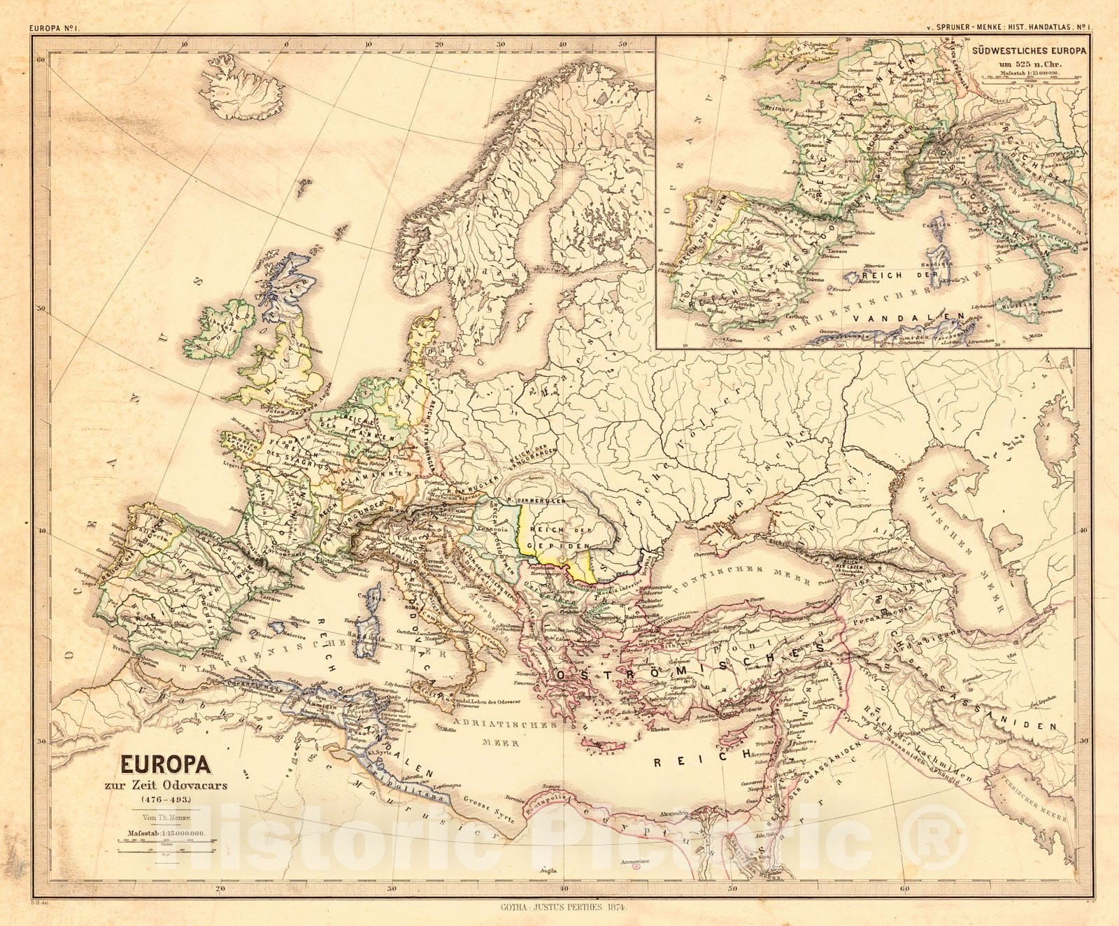 Historic Map : 1874 Europa zur Zeit Odovacars (476-493) : Vintage Wall Art