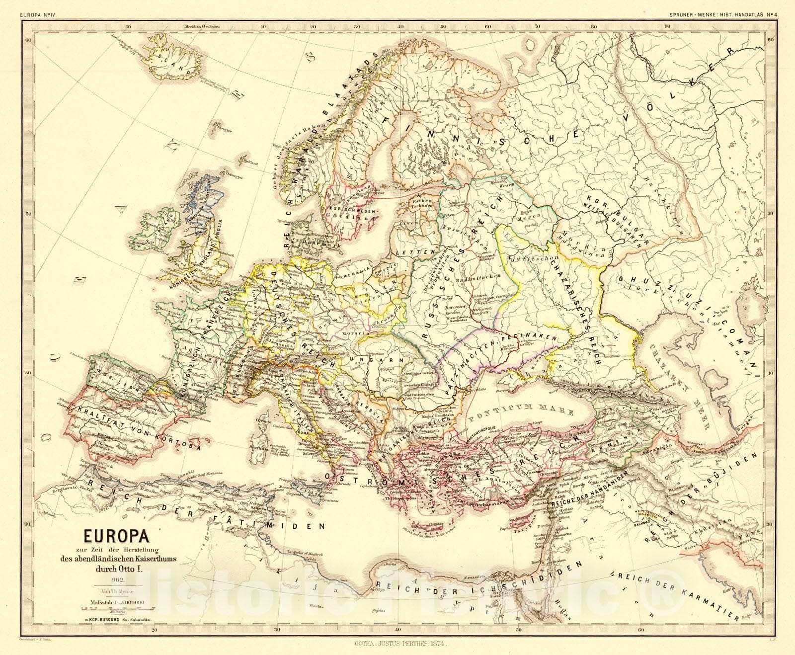Historic Map : 1874 Europa zur Zeit der Herstellung des abendl&auml;ndischen Kaiserthums durch Otto I. 962 : Vintage Wall Art