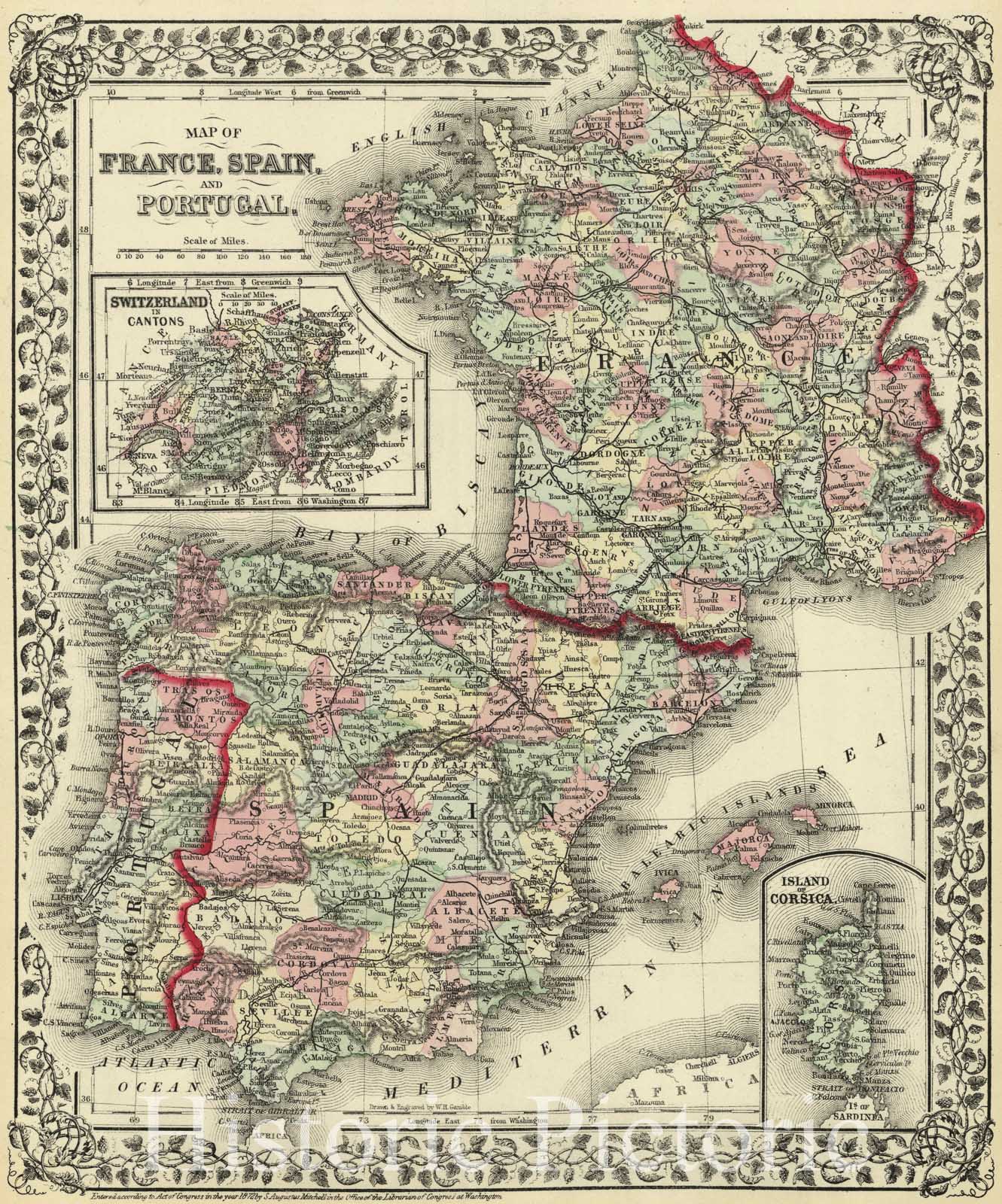 Historic Map : 1874 Map of France, Spain and Portugal : Vintage Wall Art