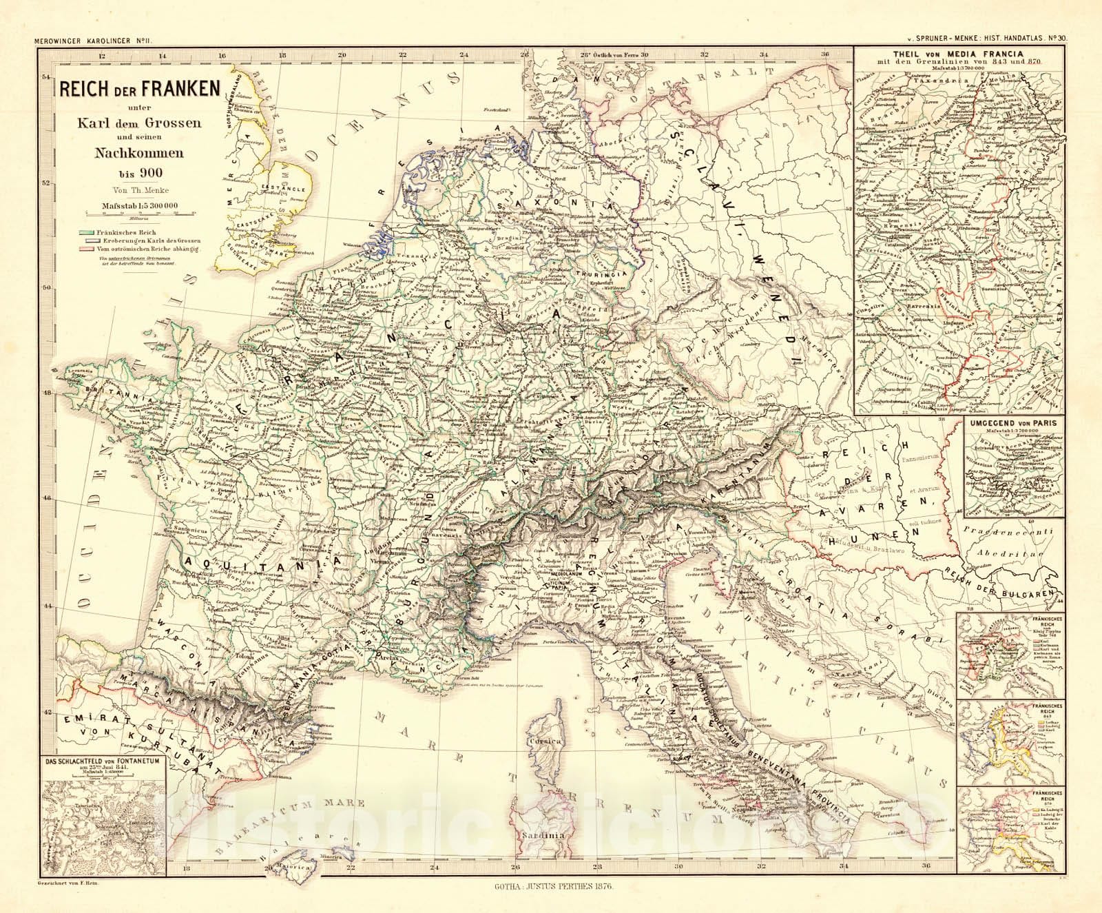 Historic Map : 1876 Reich der Franken unter Karl dem Grossen und Sienen Nachkommem bis 900 : Vintage Wall Art