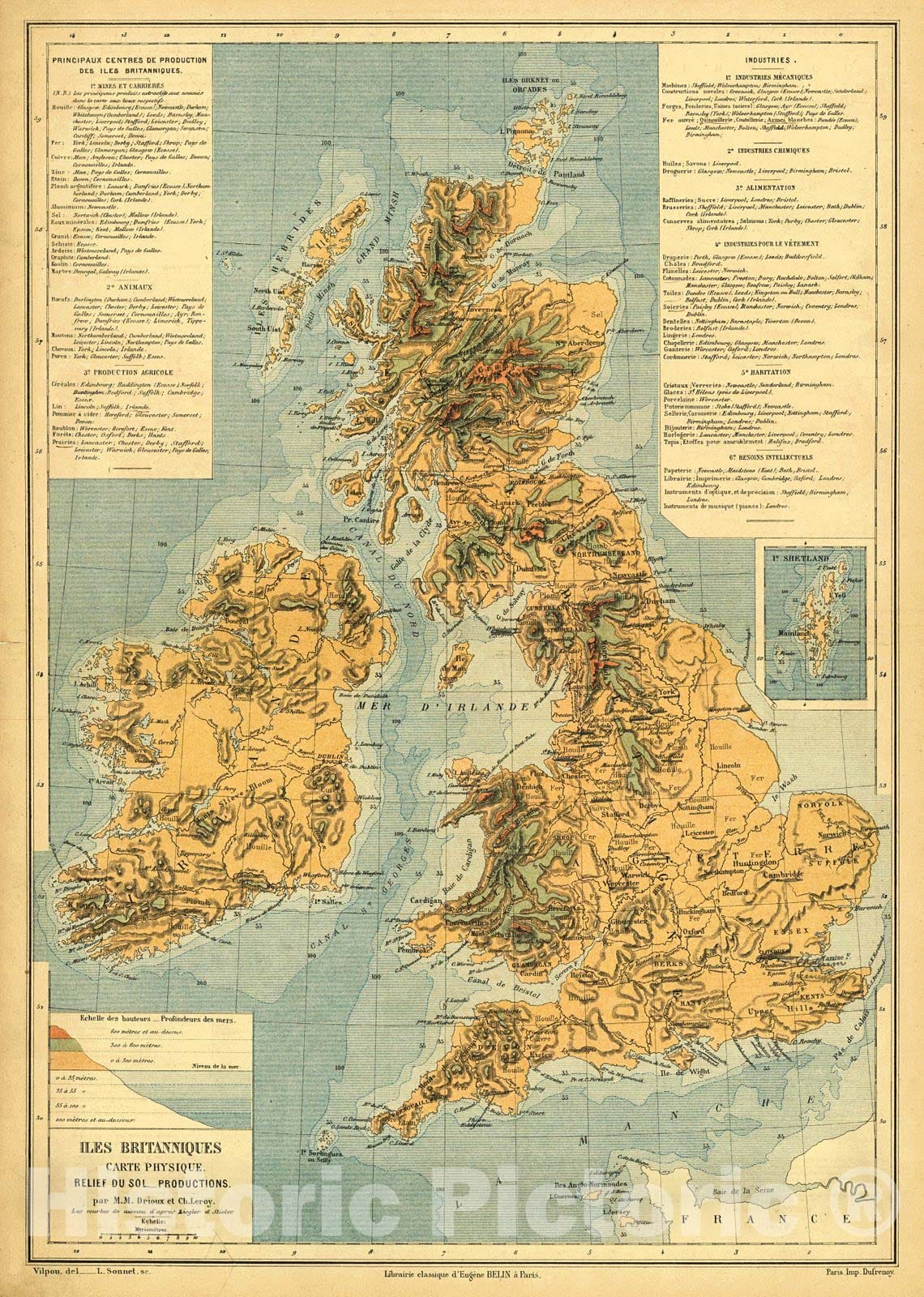 Historic Map : 1878 Iles Britanniques Carte Physique : Vintage Wall Art