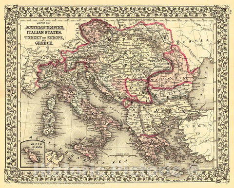 Historic Map : 1880 Map of the Austrian Empire, Italian States, Turkey in Europe and Greece : Vintage Wall Art