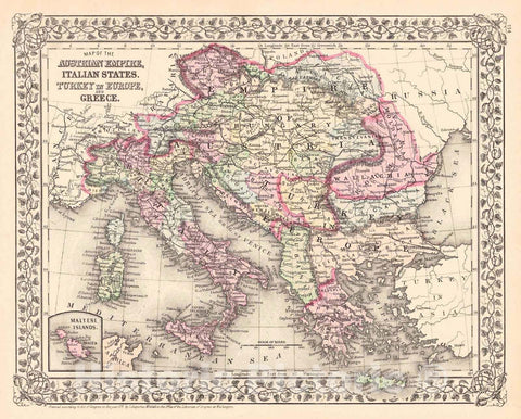 Historic Map : 1881 Map of the Austrian Empire, Italian States, Turkey in Europe and Greece : Vintage Wall Art