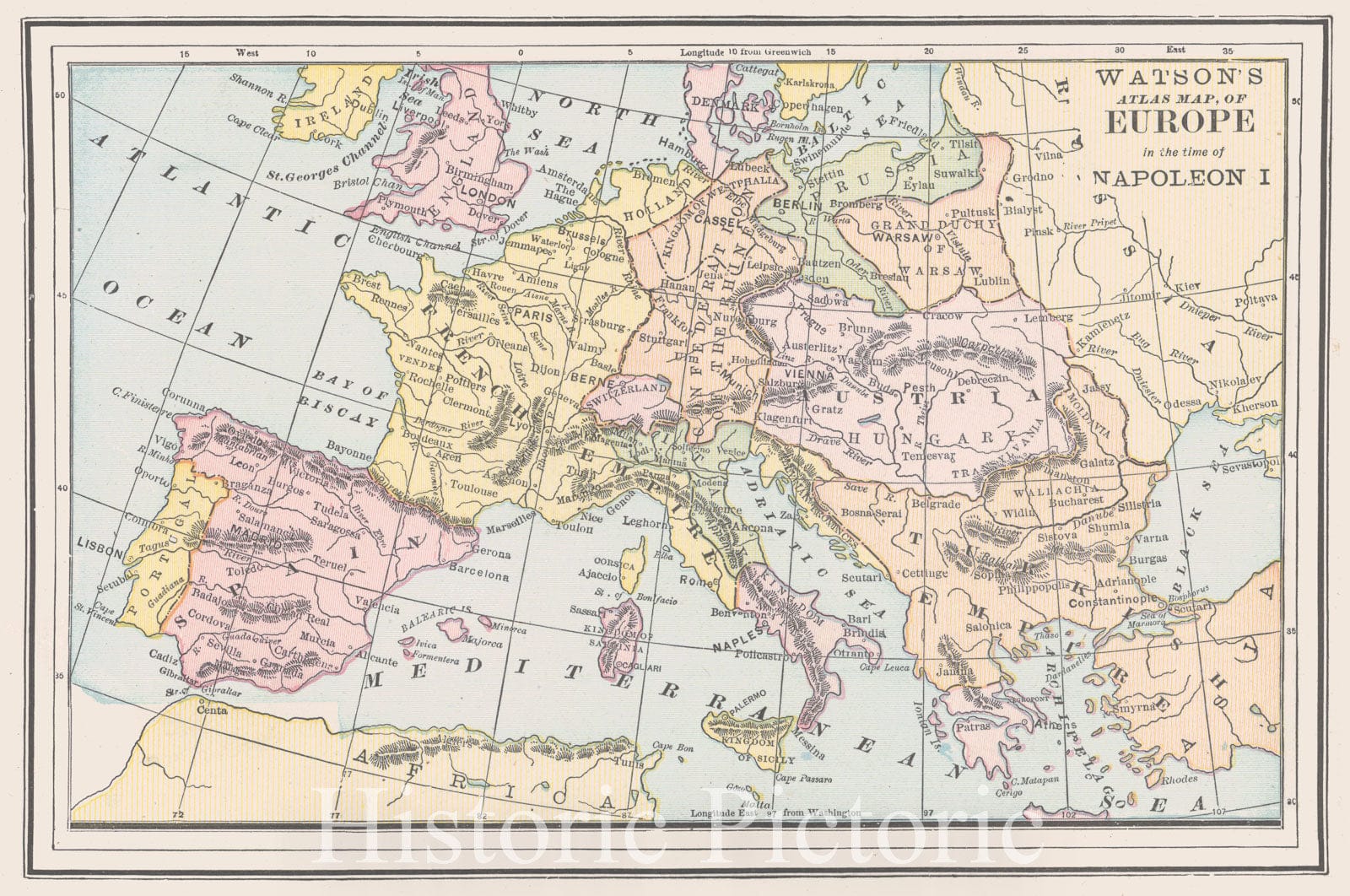 Historic Map : 1885 Watson's Atlas Map of Europe in the Time of Napoleon I : Vintage Wall Art
