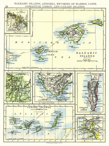 Historic Map : 1897 Balearic Islands, Andorra, Environs of Madrid, Cadiz, Gibraltar, Lisbon and Canary Islands : Vintage Wall Art