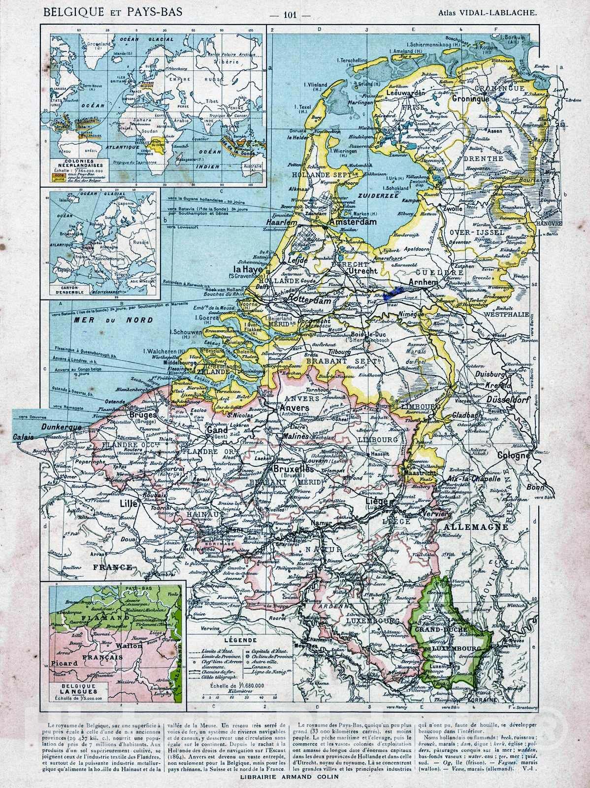 Historic Map : 1908 Belgique et Pays-Bas : Vintage Wall Art