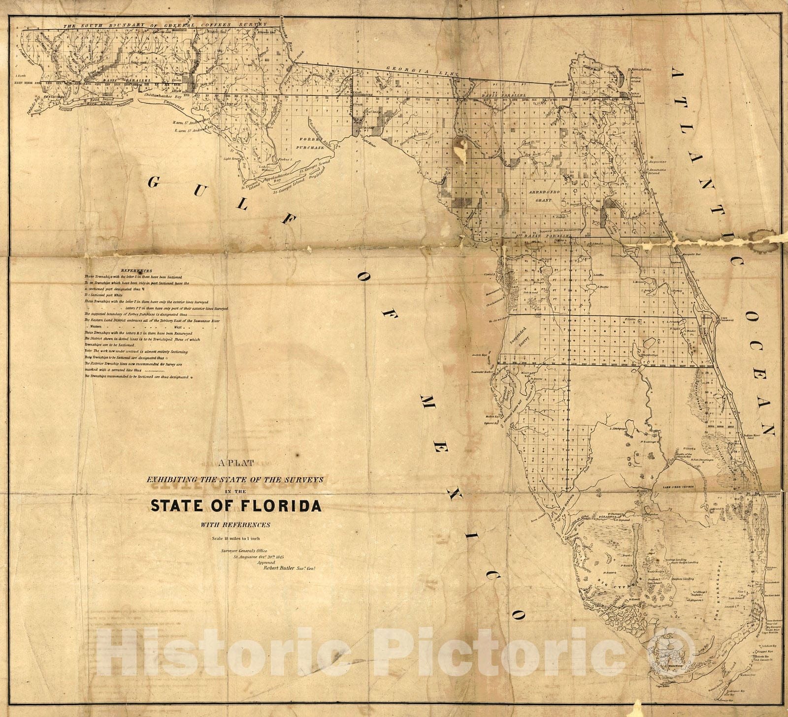 Historic Map : 1845 A Plat Exhibiting the State of the Survey in the State of Florida with References : Vintage Wall Art