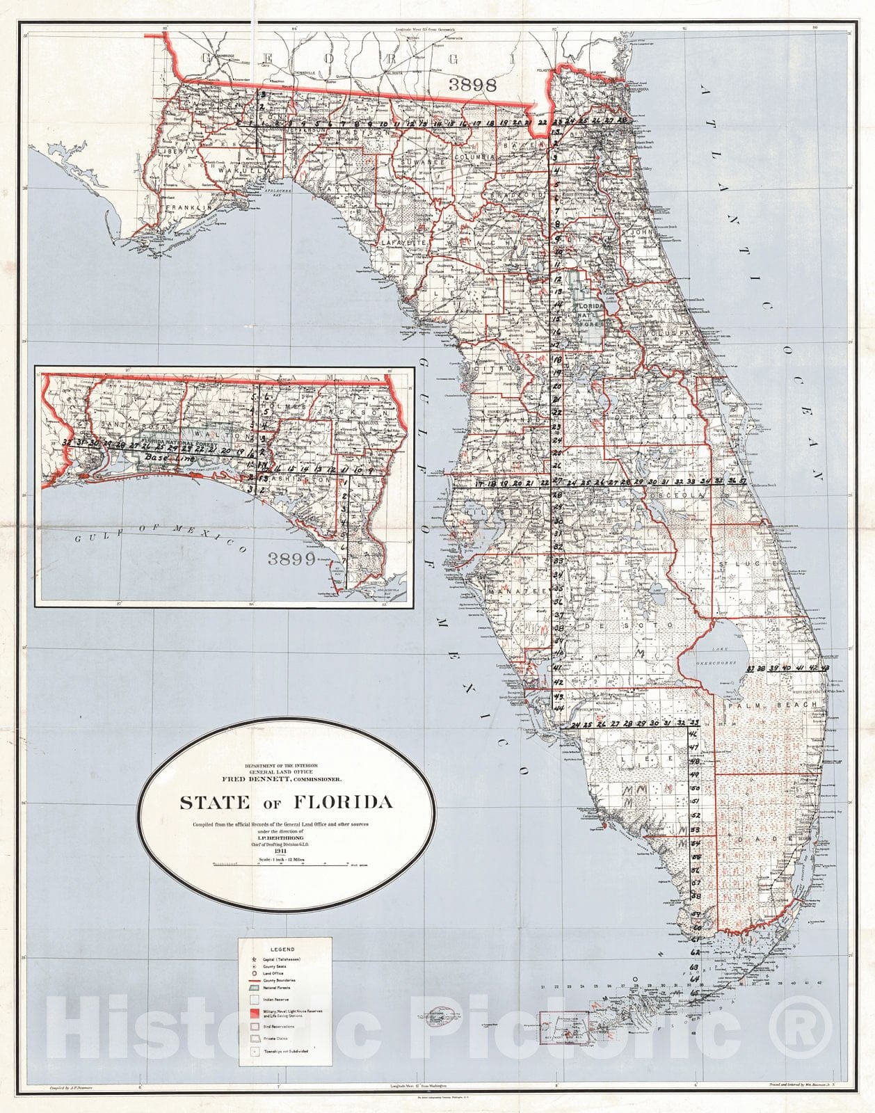 Historic Map : 1911 State of Florida : Vintage Wall Art
