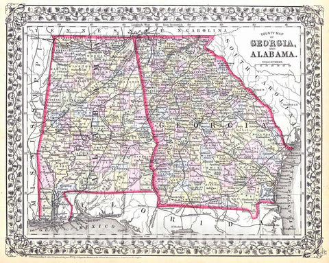 Historic Map : 1871 County Map of the States of Georgia and Alabama : Vintage Wall Art