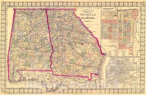 Historic Map : 1874 County Map of the States of Georgia and Alabama : Vintage Wall Art