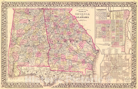 Historic Map : 1879 County Map of the States of Georgia and Alabama : Vintage Wall Art
