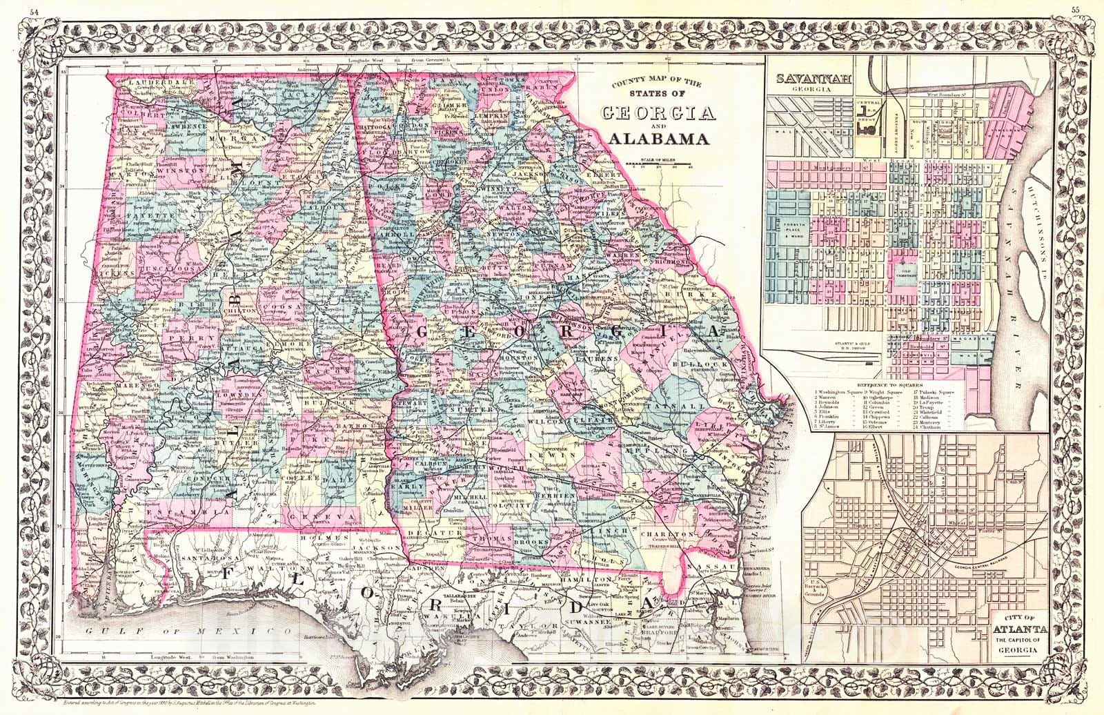 Historic Map : 1880 County Map of the States of Georgia and Alabama : Vintage Wall Art