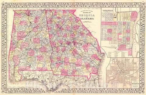 Historic Map : 1881 County Map of the States of Georgia and Alabama : Vintage Wall Art