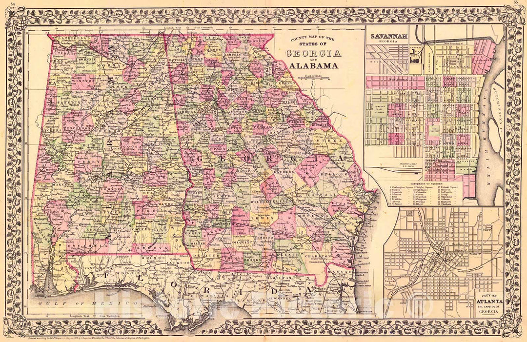 Historic Map : 1882 County Map of the States of Georgia and Alabama : Vintage Wall Art