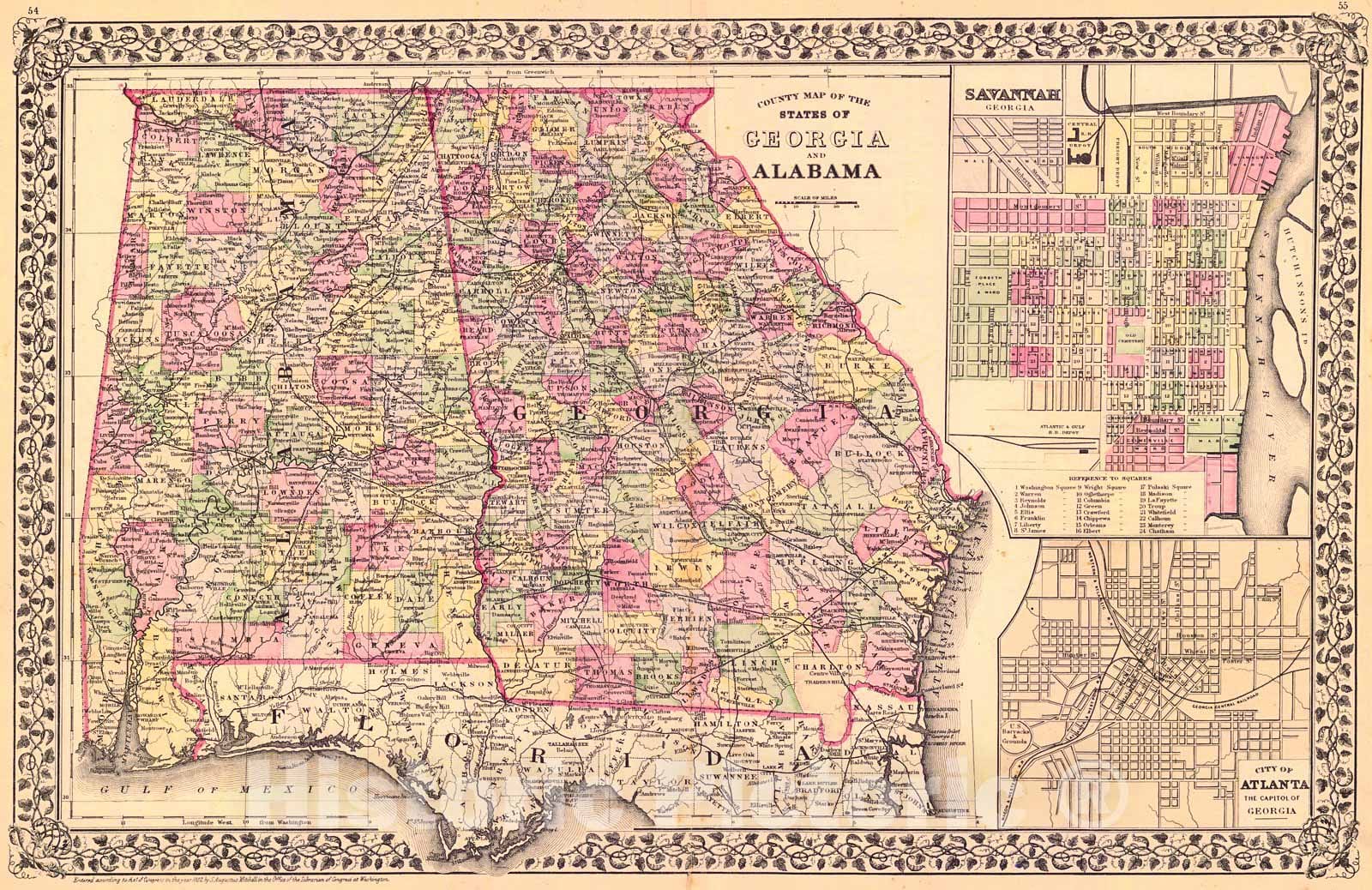 Historic Map : 1882 County Map of the States of Georgia and Alabama : Vintage Wall Art